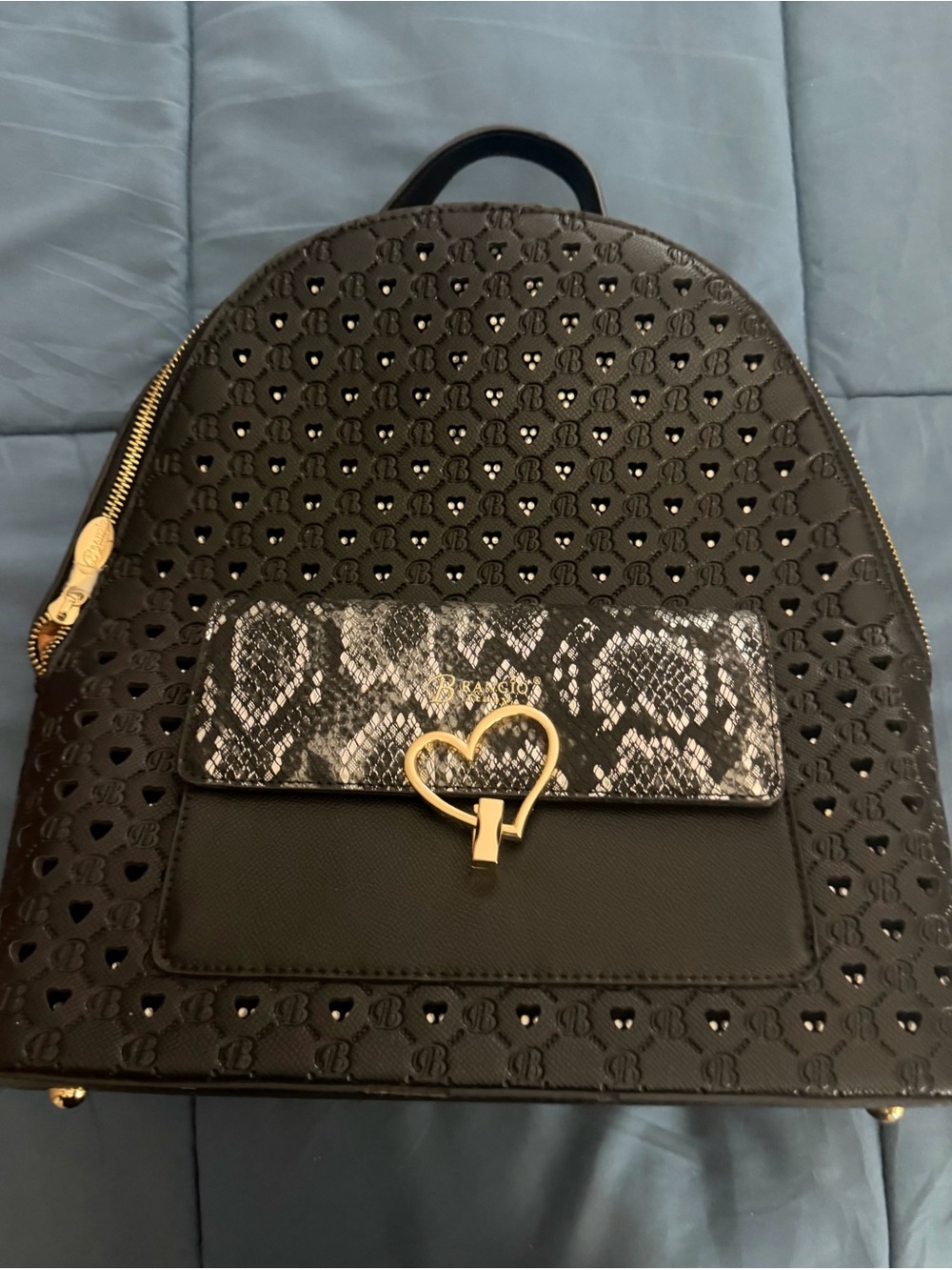 Black Heart-Lock Backpack with Snake-Print Flap
